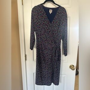 Anne Klein Navy Leaf Pattern Long Sleeve Dress